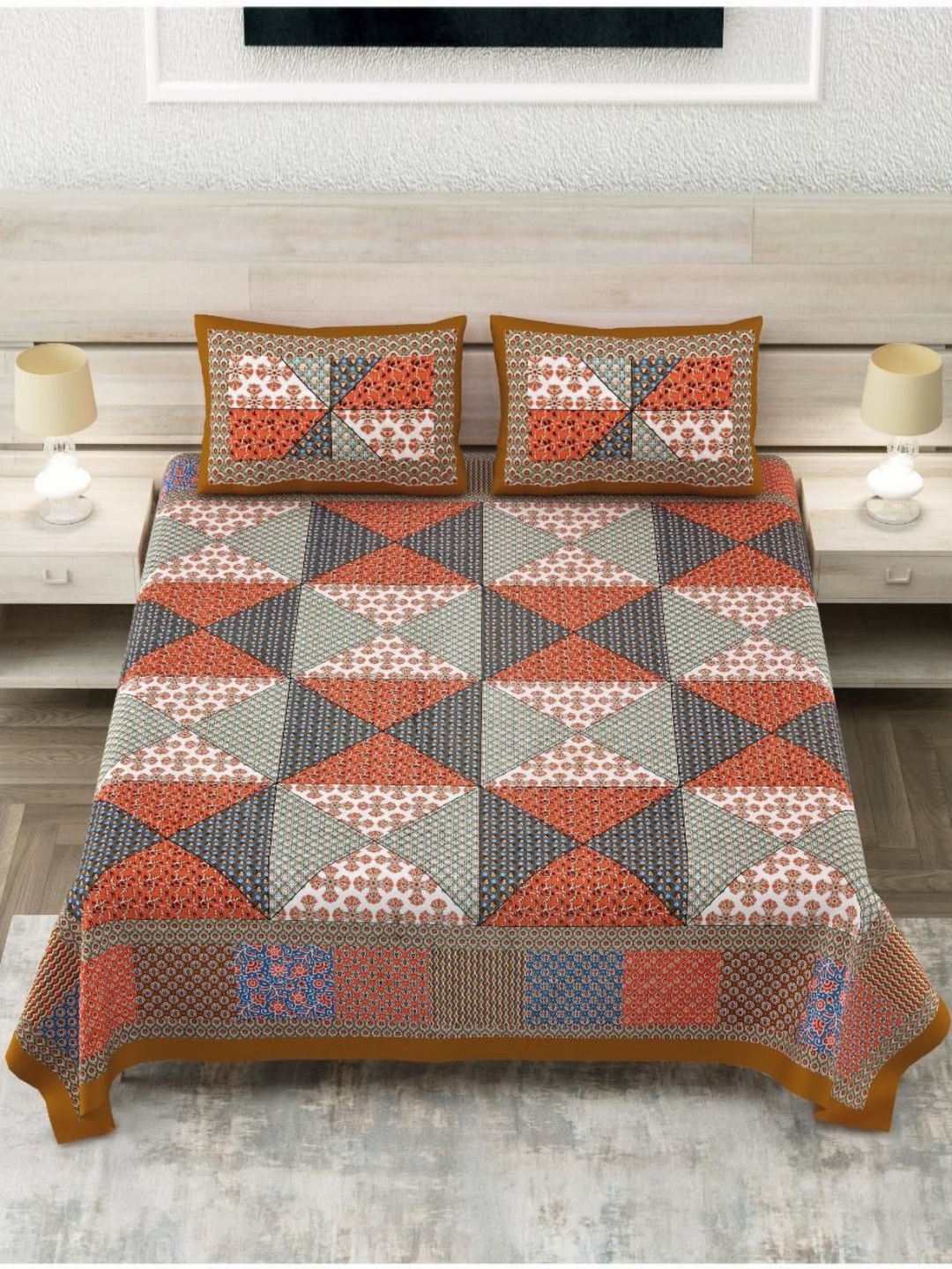 

Block Print Story Heritage Grey & White Cotton 210 TC King Bedsheet With 2 Pillow Covers