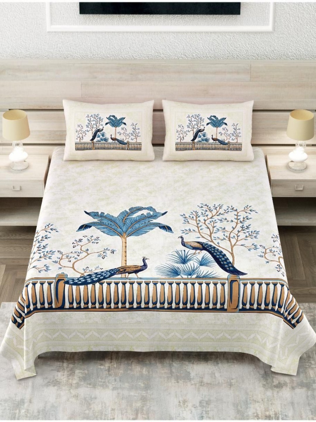 

Block Print Story Heritage Cream & Blue Cotton 210 TC King Bedsheet With 2 Pillow Covers