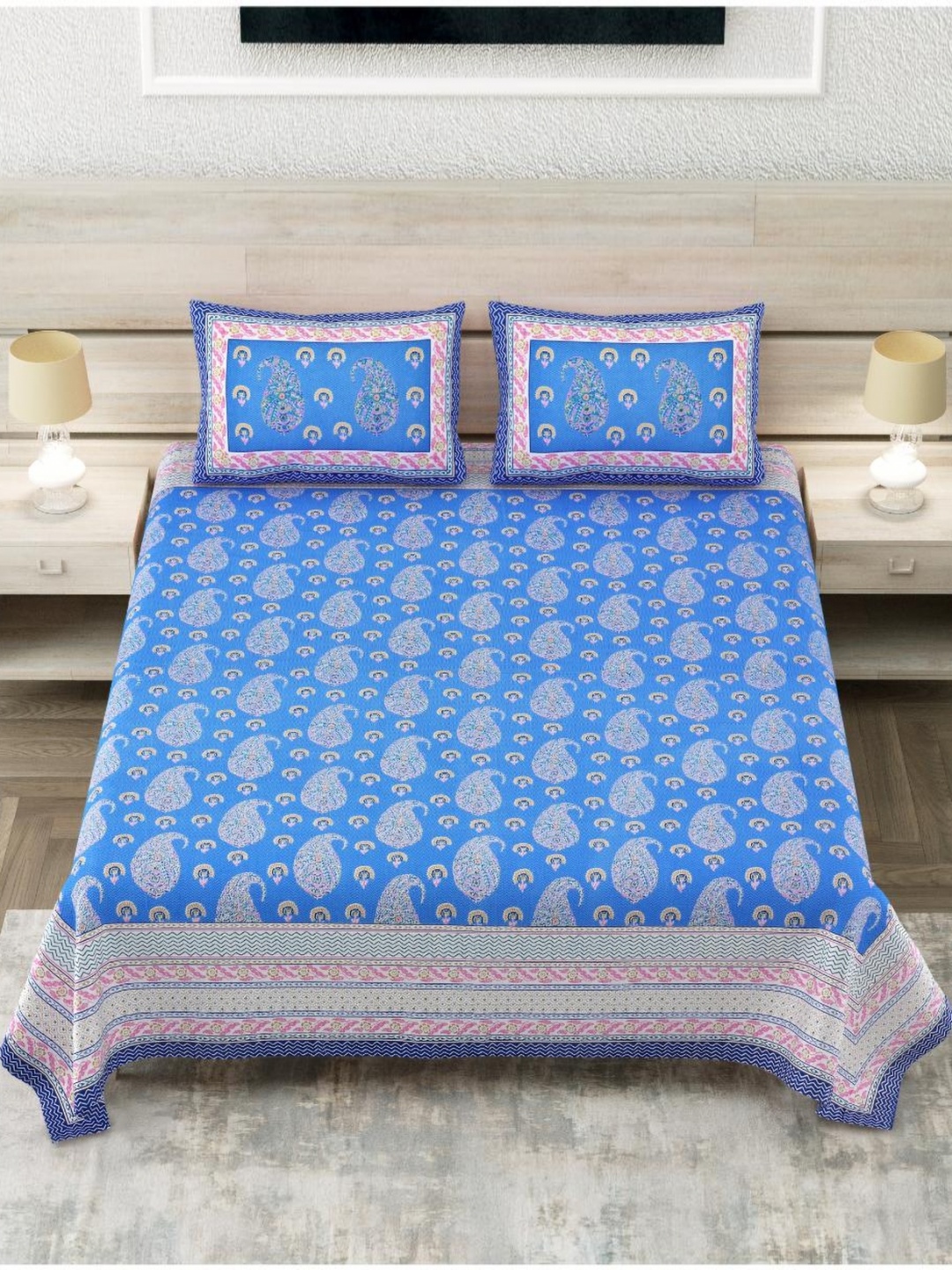 

Block Print Story Heritage Blue & Red Cotton 210 TC King Bedsheet With 2 Pillow Covers