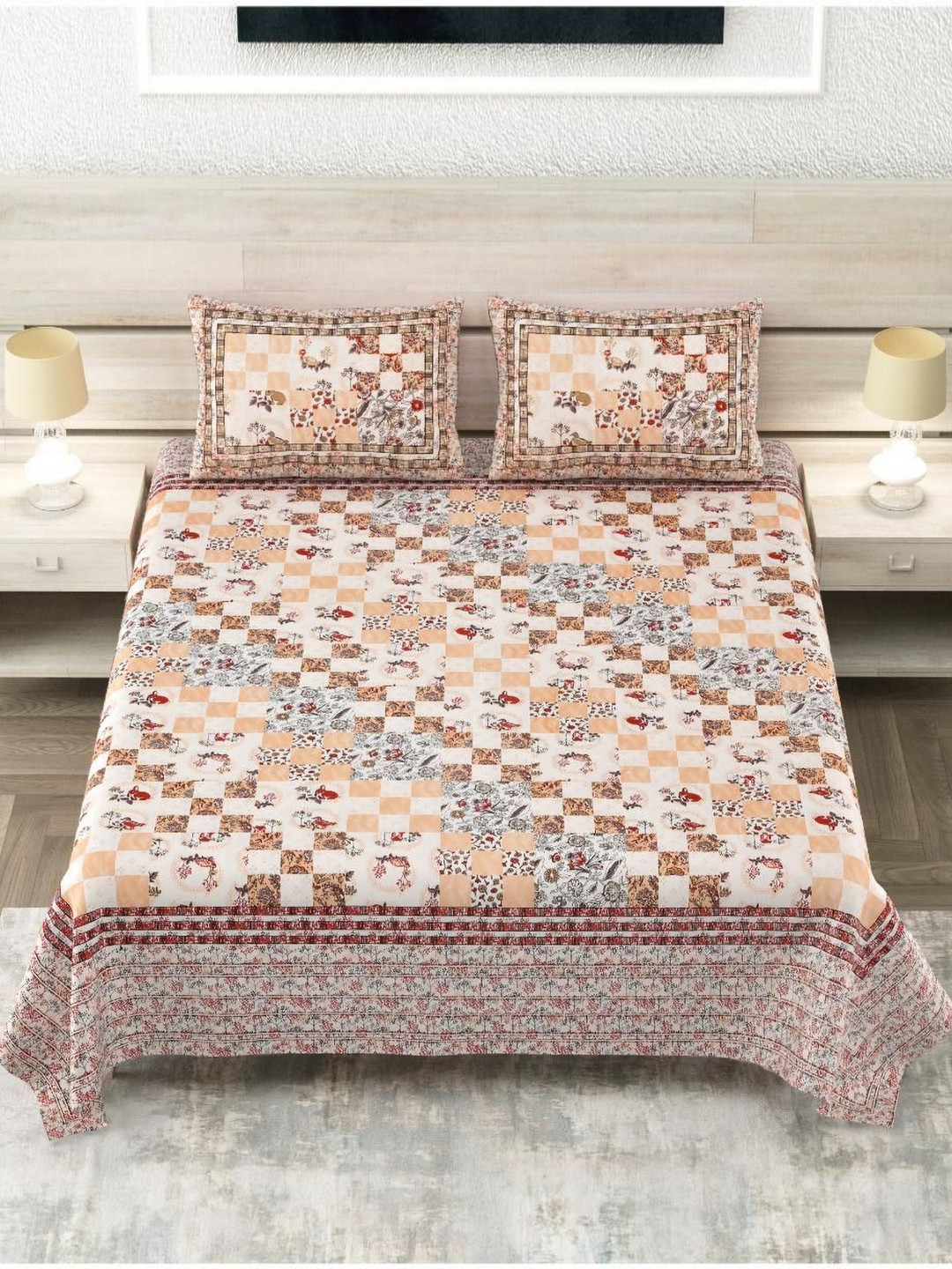 

Block Print Story Heritage Peach & White Cotton 210 TC King Bedsheet with 2 Pillow Covers