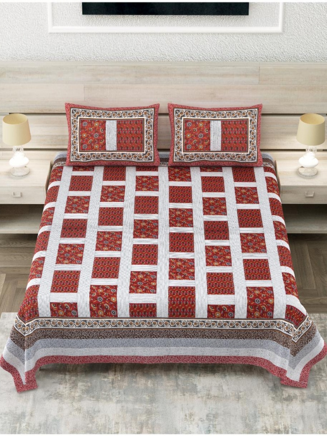 

Block Print Story Heritage Red & White Cotton 210 TC King Bedsheet With 2 Pillow Covers