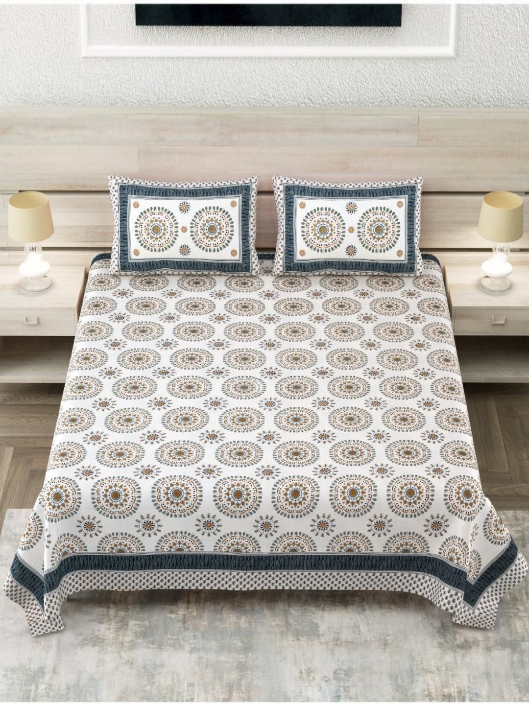 

Block Print Story Green & Cream Ethnic Motifs Cotton 210 TC King Bedsheet Set