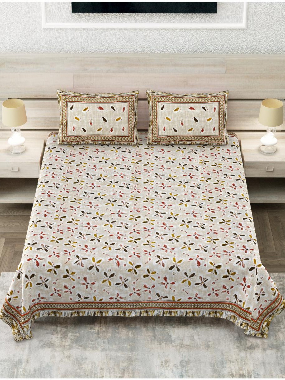 

Block Print Story Heritage Peach & White Cotton 210 TC King Bedsheet With 2 Pillow Covers