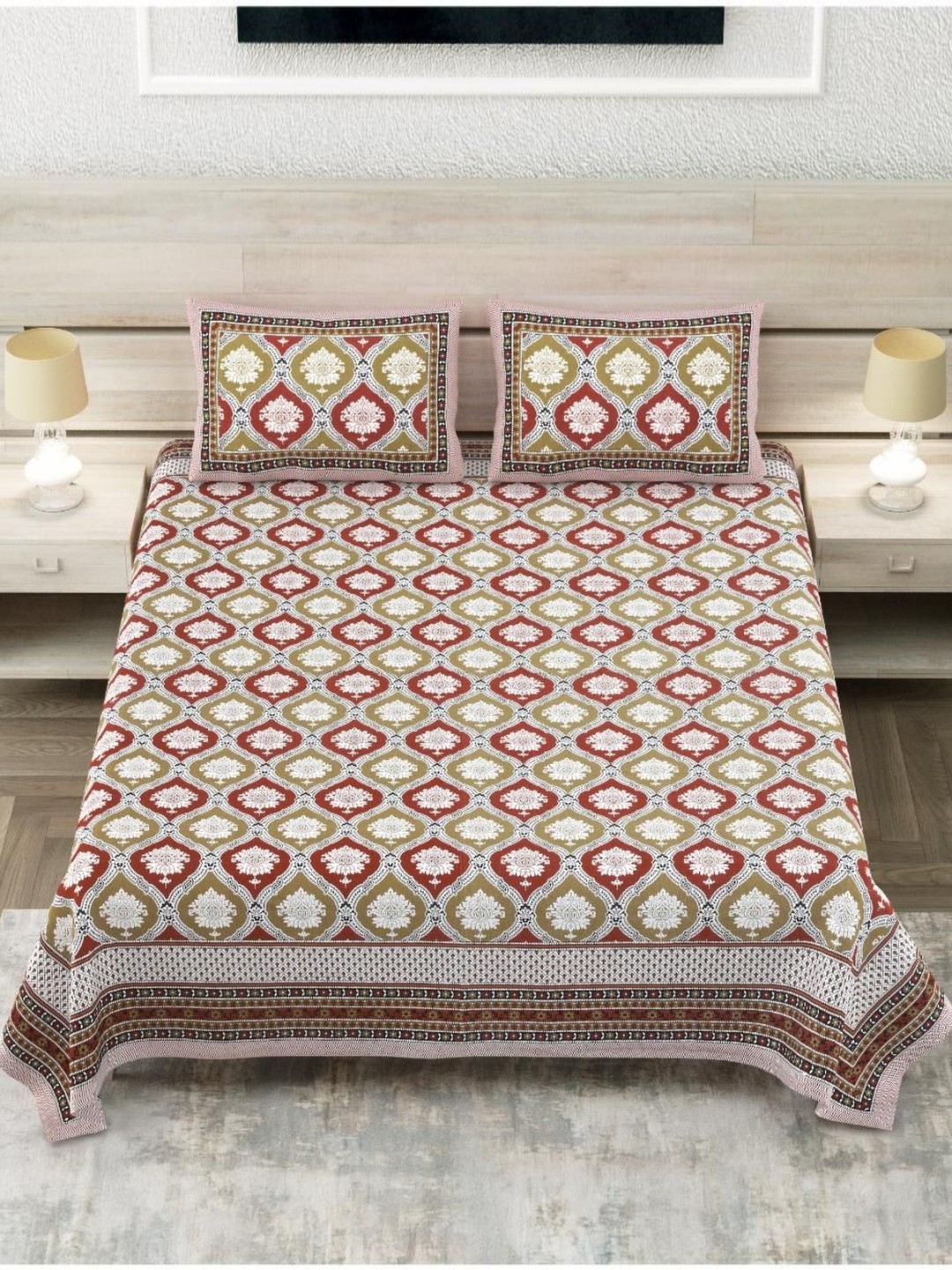

Block Print Story Heritage Red & White Cotton 210 TC King Bedsheet With 2 Pillow Covers