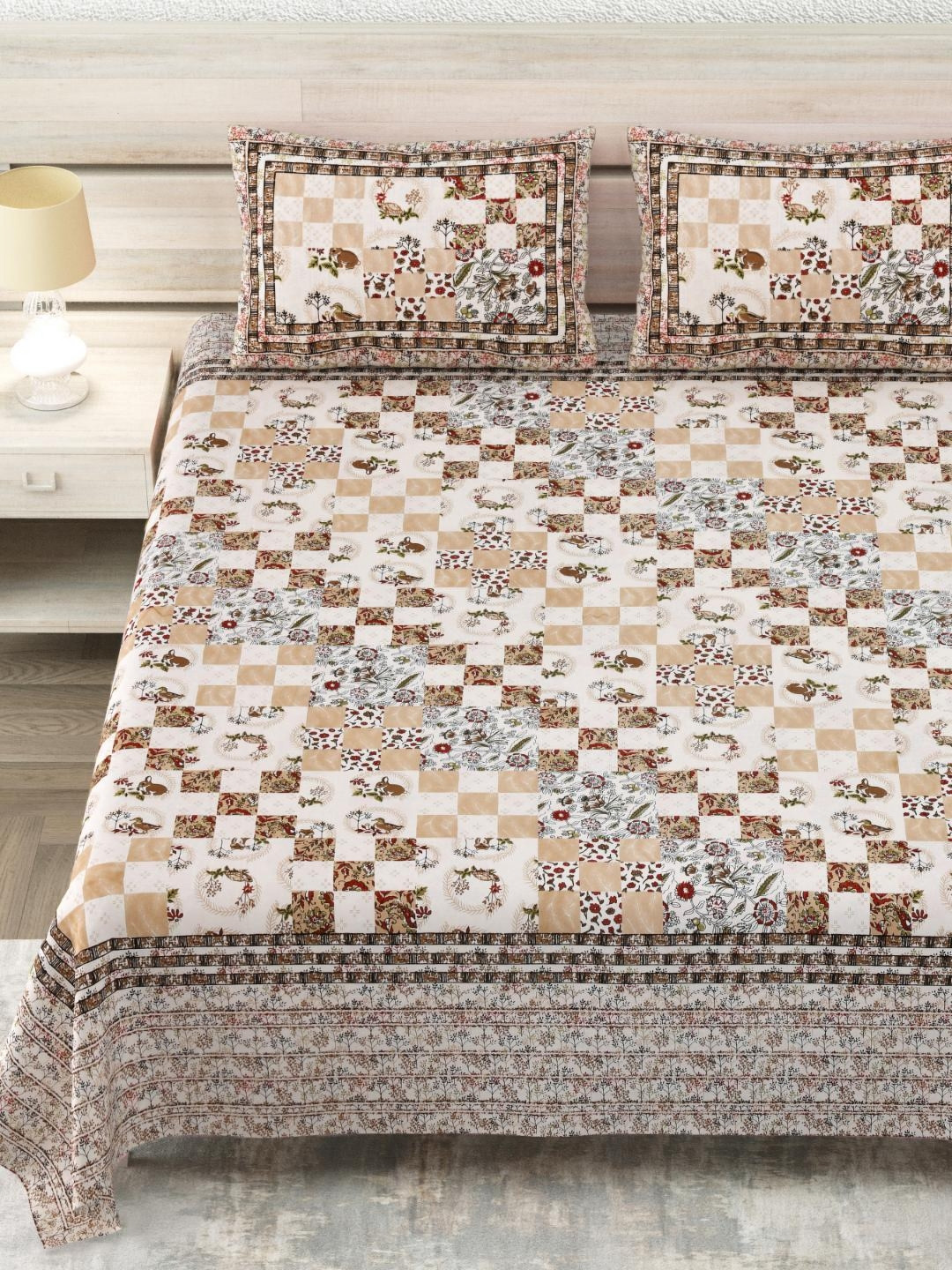 

Block Print Story Heritage Peach & Brown Cotton 210 TC King Bedsheet & 2 Pillow Covers