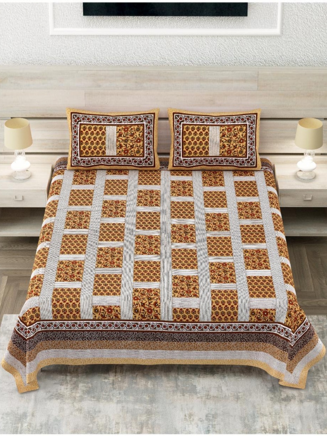 

Block Print Story Heritage Yellow & White Cotton 210 TC King Bedsheet With 2 Pillow Covers