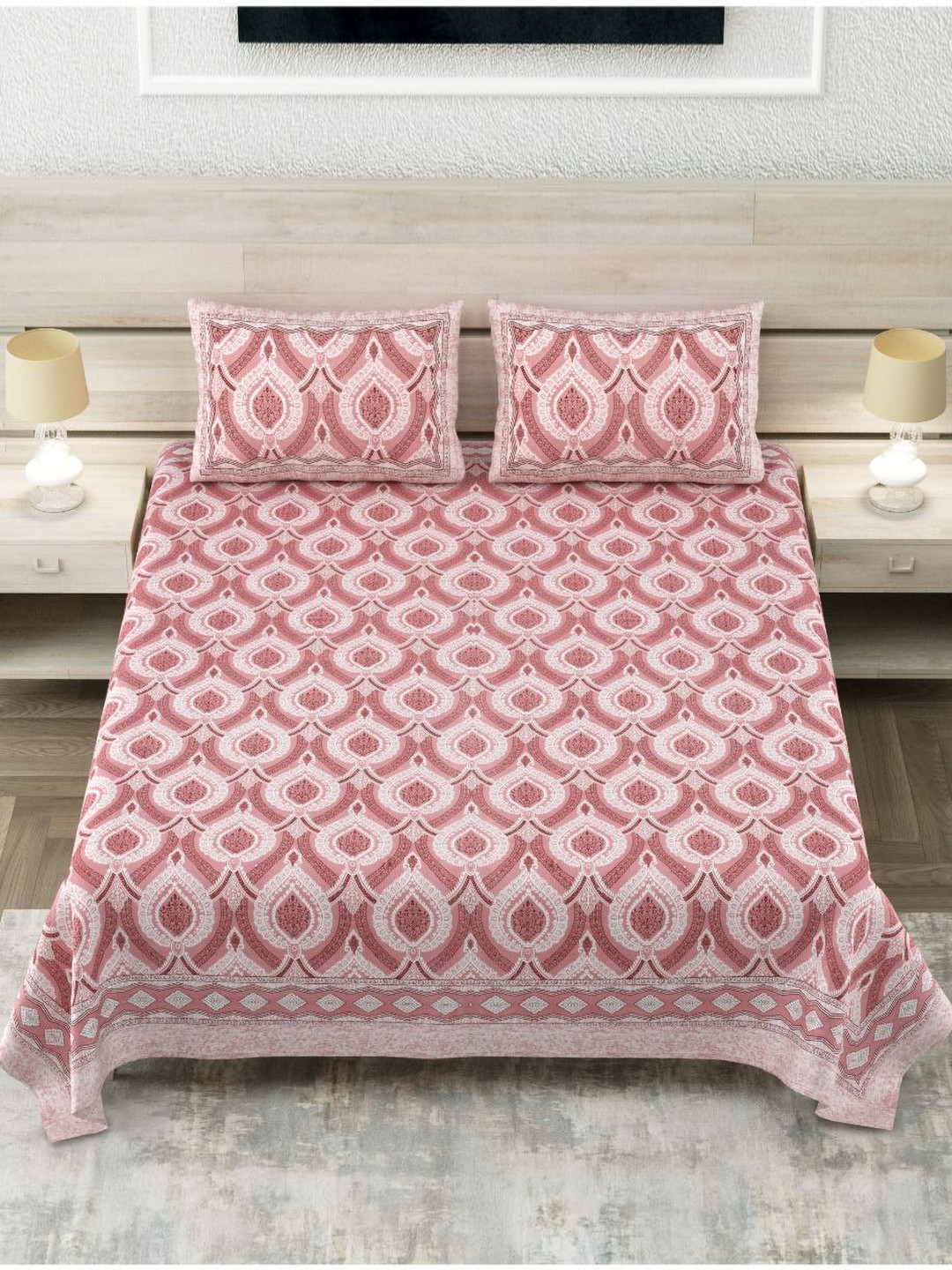 

Block Print Story Pink Ethnic Motifs Cotton 210 TC King Bedsheet With 2 Pillow Covers