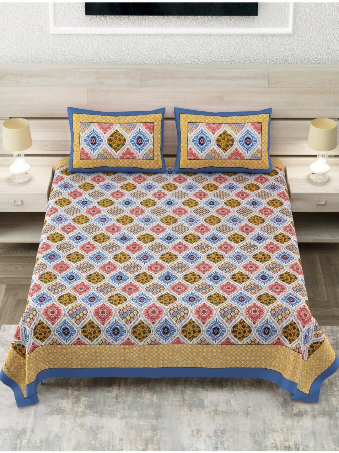 

Block Print Story Heritage Yellow & Blue Cotton 210 TC King Bedsheet With 2 Pillow Covers