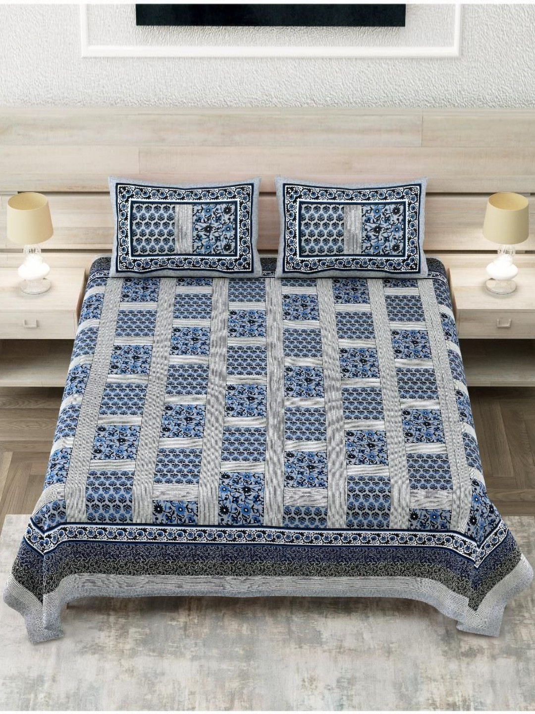 

Block Print Story Heritage Blue & Black Cotton 210 TC King Bedsheet With 2 Pillow Covers