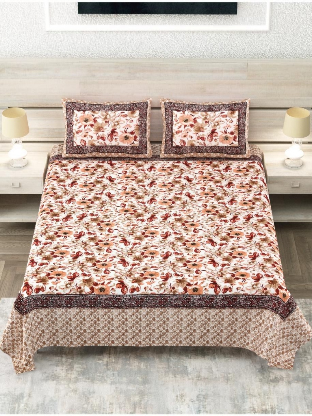 

Block Print Story Heritage White & Brown Cotton 210 TC King Bedsheet With 2 Pillow Covers