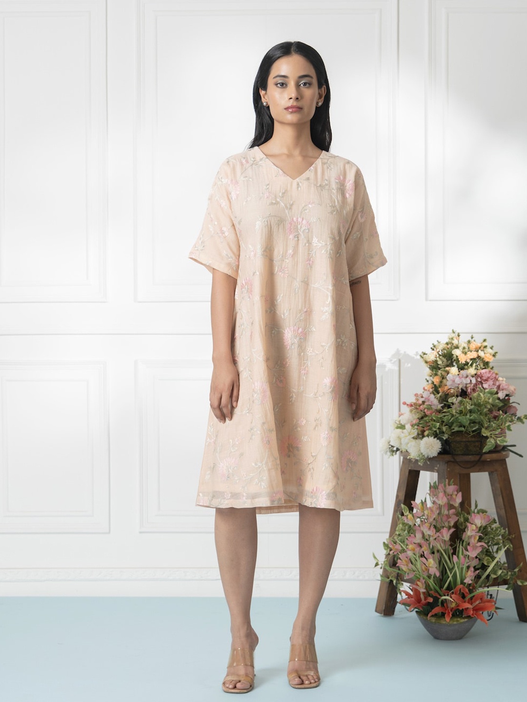 

SMRITI GUPTA V Neck Print Cotton A-Line Dress, Beige
