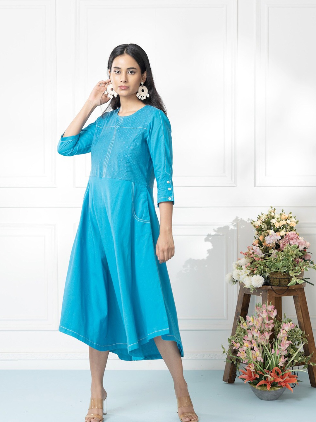 

SMRITI GUPTA Round Neck Cotton A-Line Midi Dress, Teal