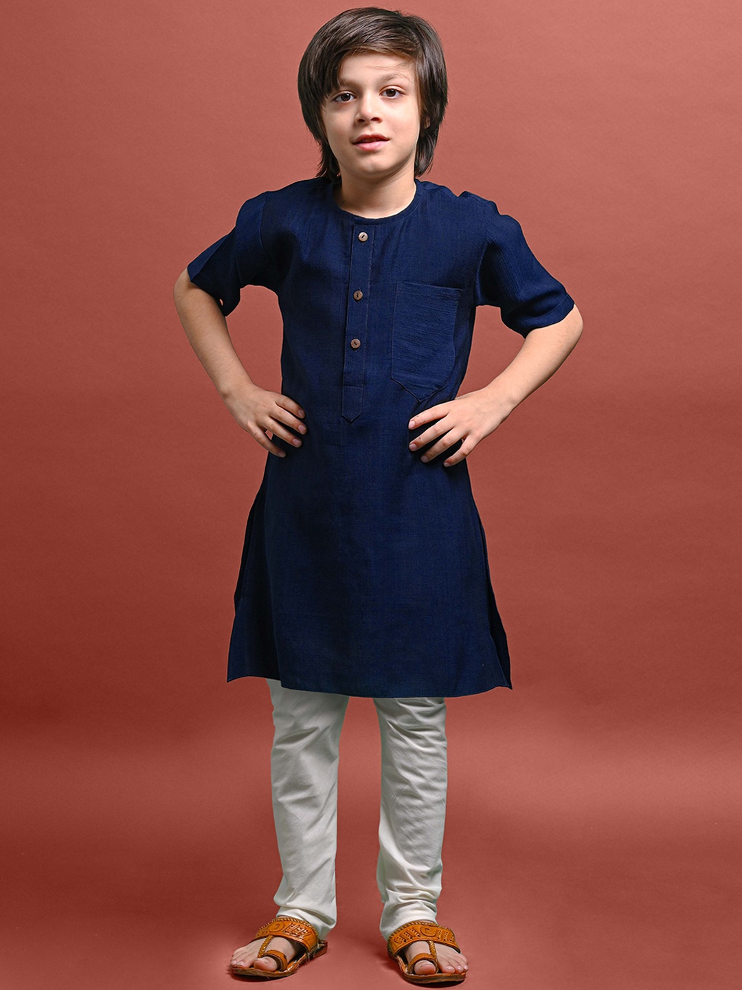 

VESHAM Boys Round Neck Short Sleeves Cotton Straight Kurta, Blue