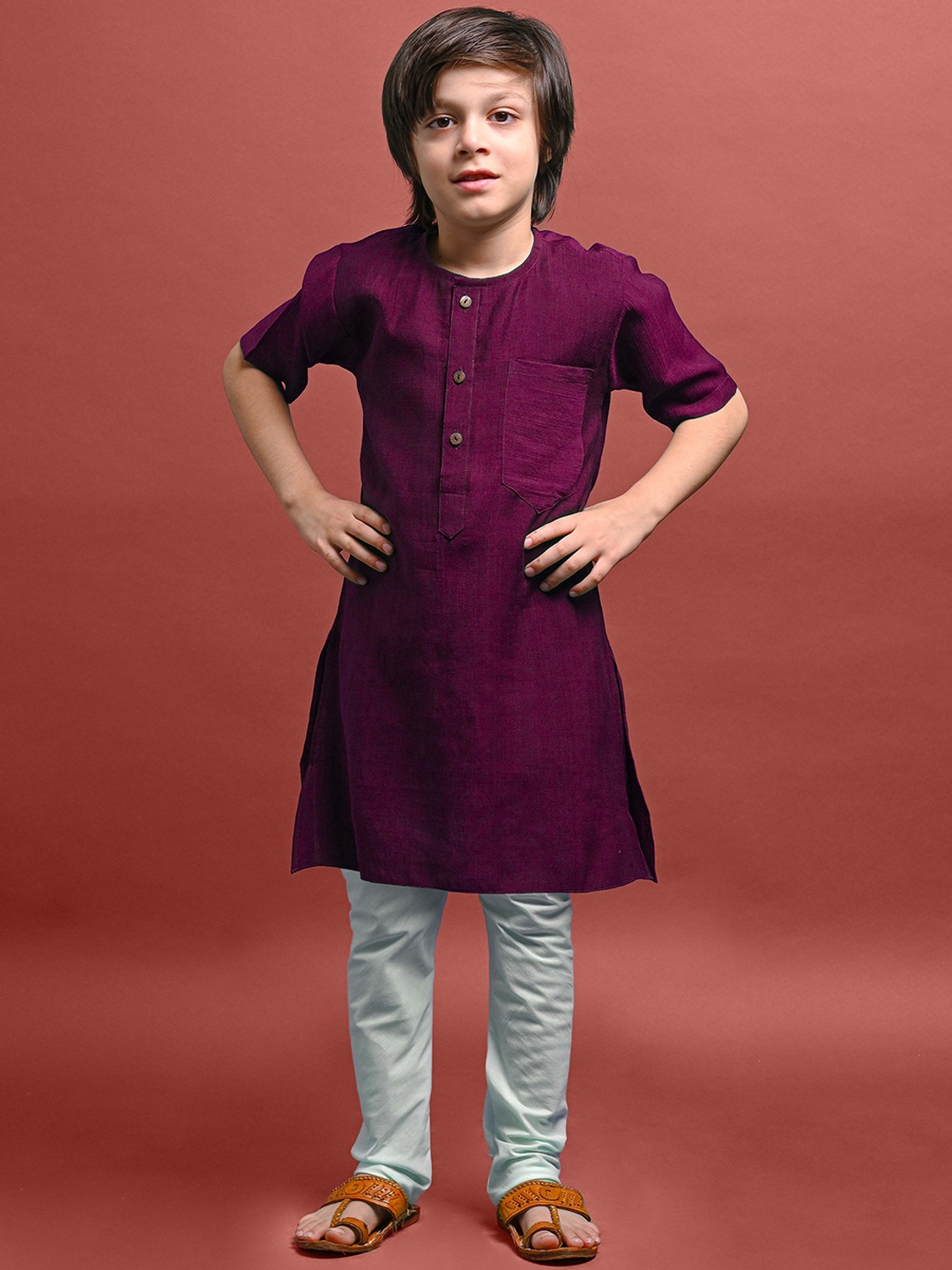 

VESHAM Boys Cotton Round Neck Straight Kurta, Burgundy