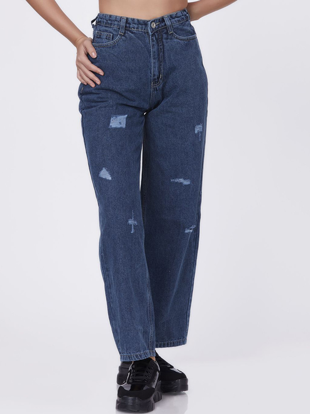 

Blum Denim Women Skinny Fit High-Rise Mildly Distressed Light Fade Stretchable Jeans, Navy blue