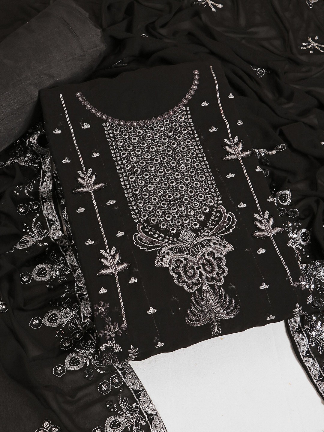 

MAHALASA Ethnic Motifs Embroidered Unstitched Dress Material, Black