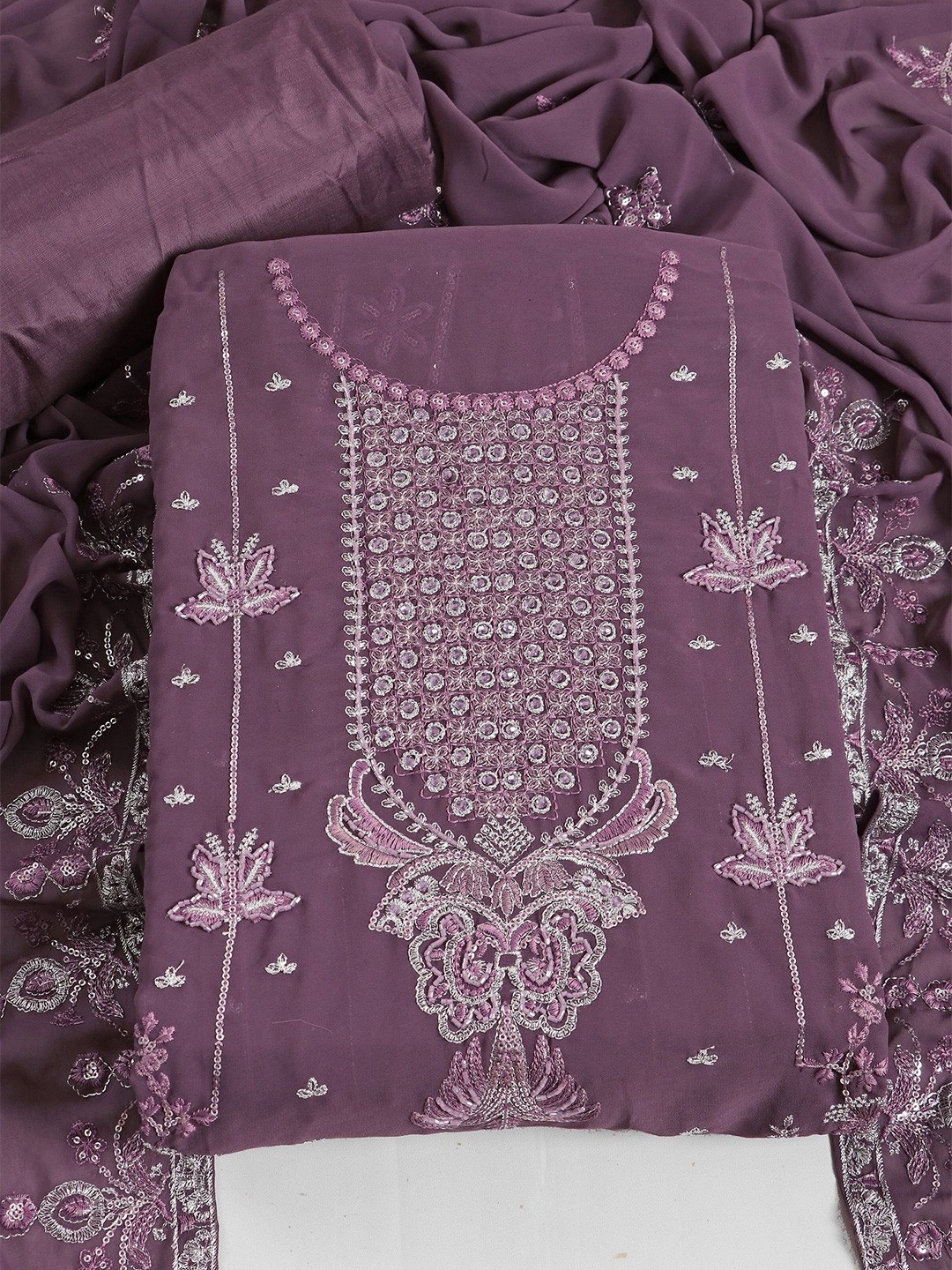 

MAHALASA Floral Embroidered Unstitched Dress Material, Lavender