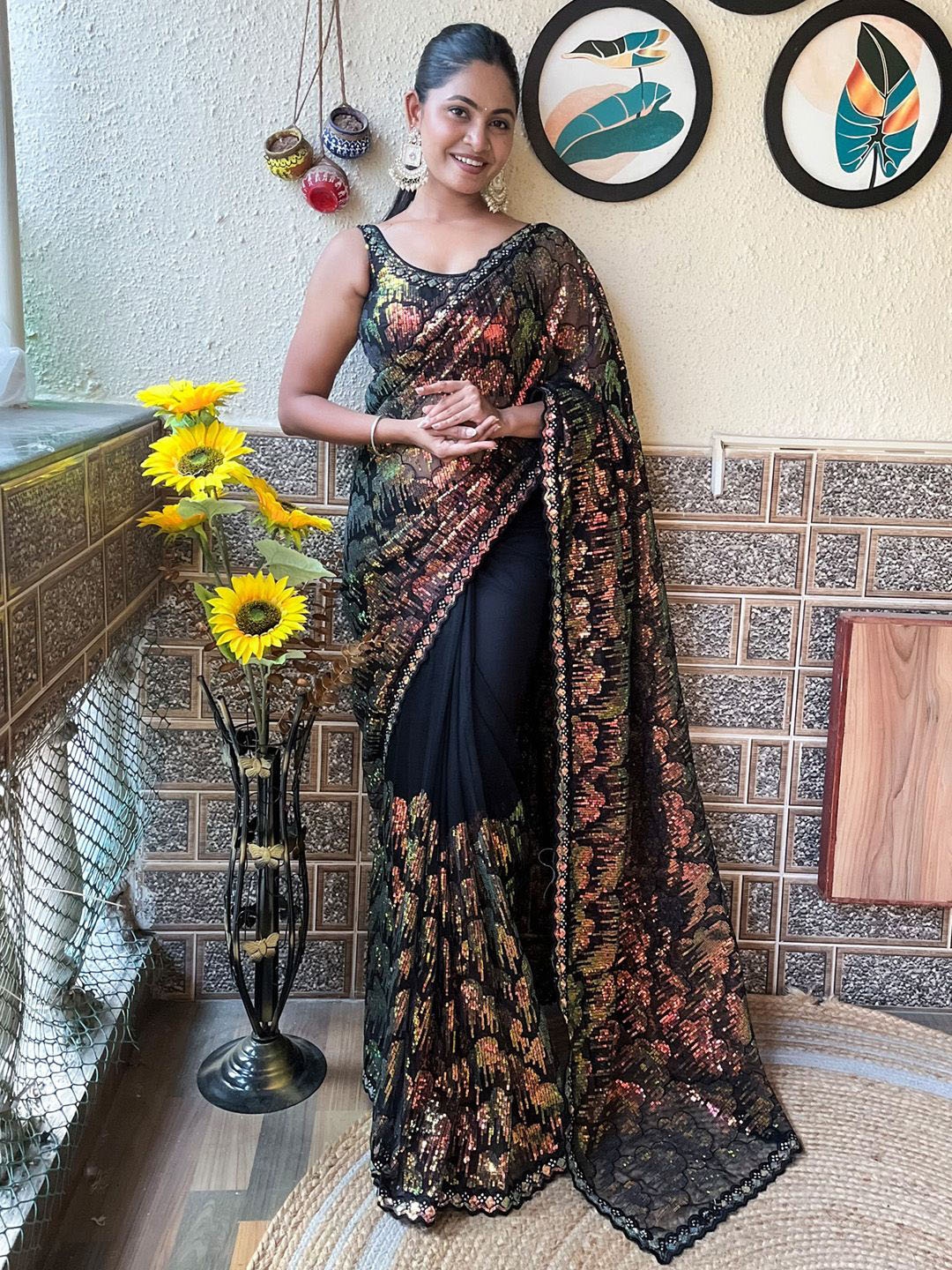 

Mitera Embellished Sequinned Saree, Black