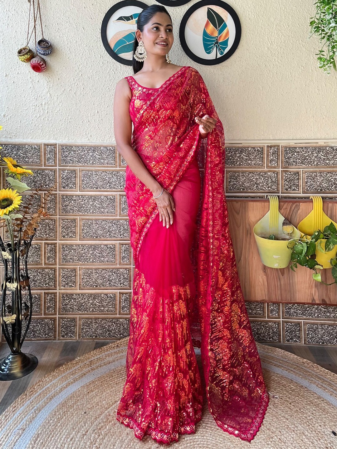 

Mitera Embellished Sequinned Party Wear Net Saree, Pink