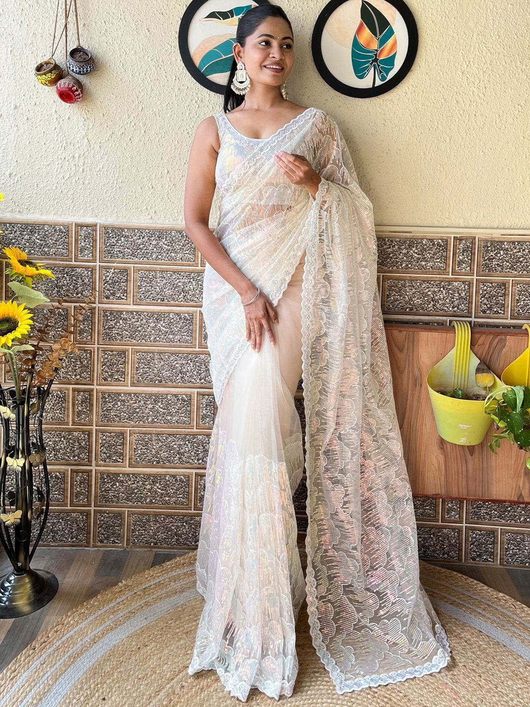 

Mitera Ethnic Embellished Sequinned Net Saree, White
