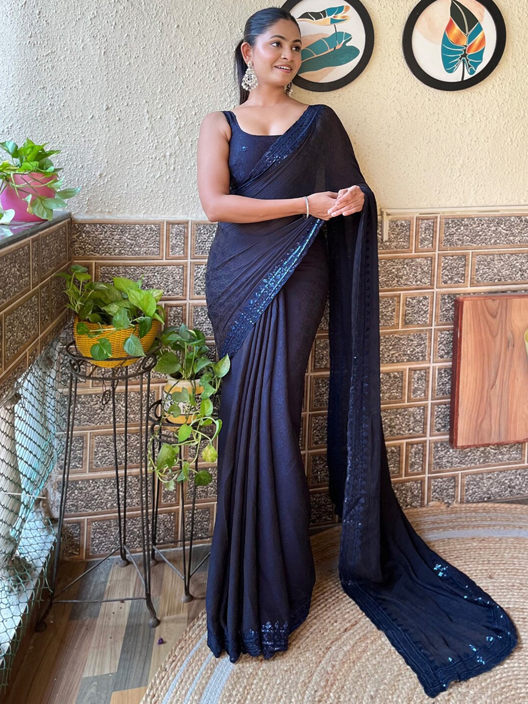 

Mitera Embellished Sequinned Saree, Navy blue