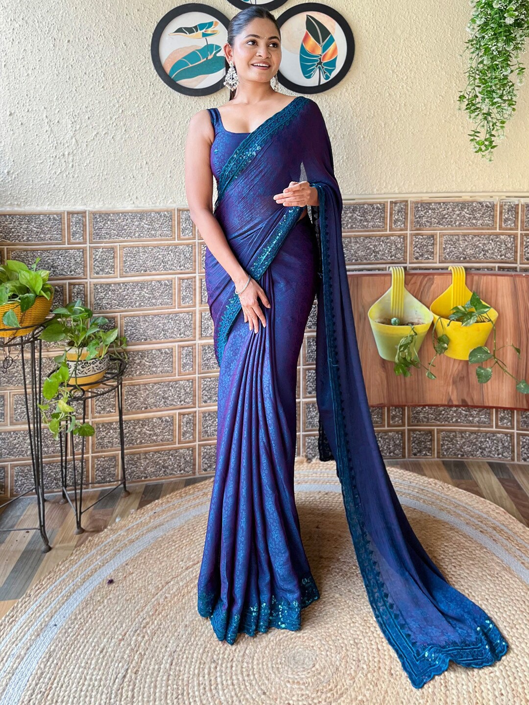 

Mitera Floral Sequinned Saree, Navy blue