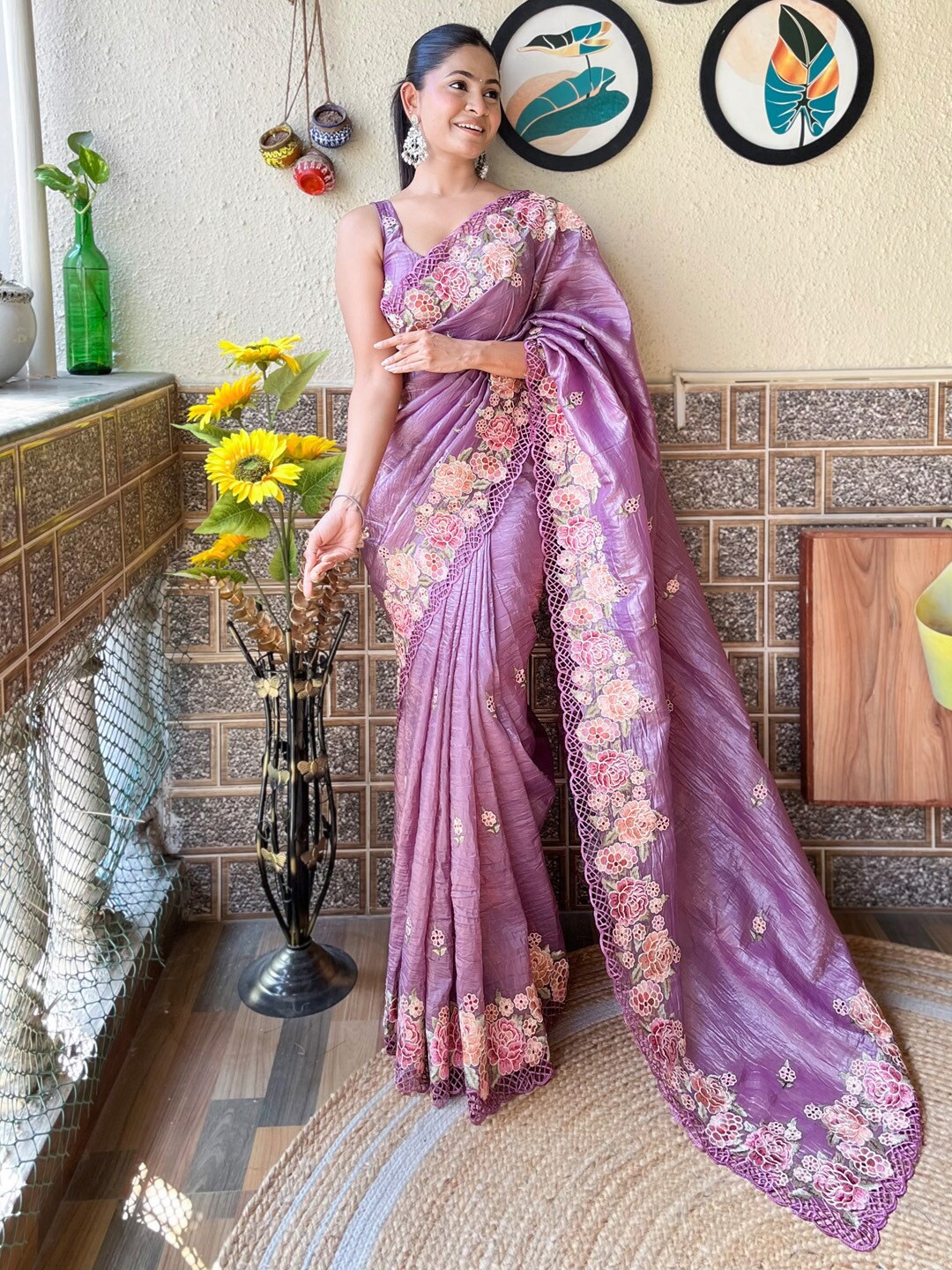 

Mitera Floral Ethnic Embroidered Saree, Mauve