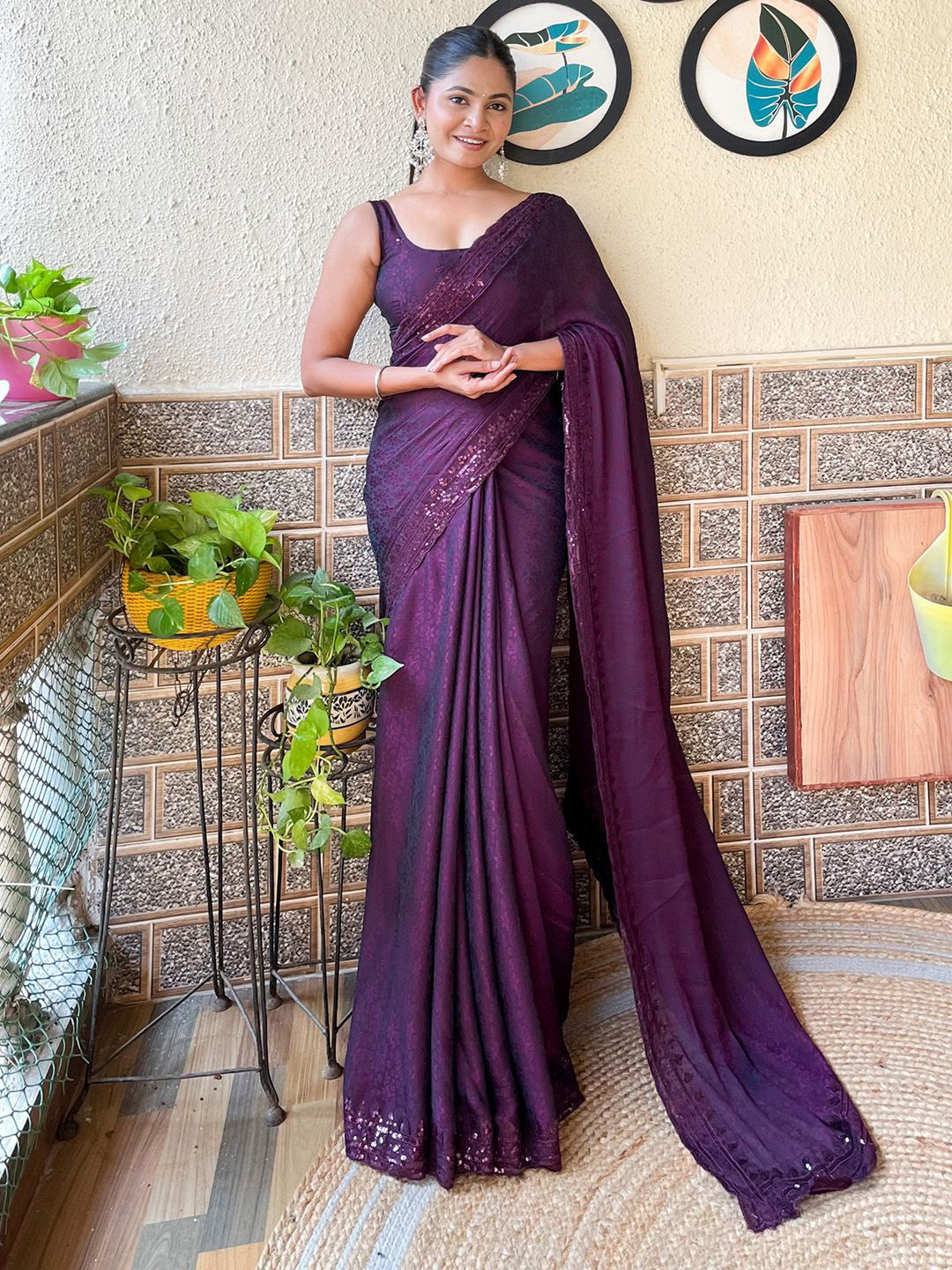 

Mitera Floral Ethnic Embellished Sequinned Saree, Purple