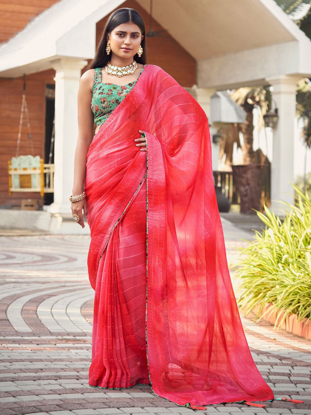 

Anouk Striped Pure Georgette Ethnic Printed Party Wear Saree, Red