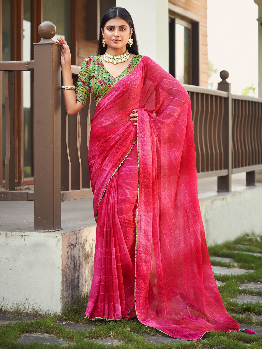 

Anouk Striped Pure Georgette Saree With Blouse Piece, Pink