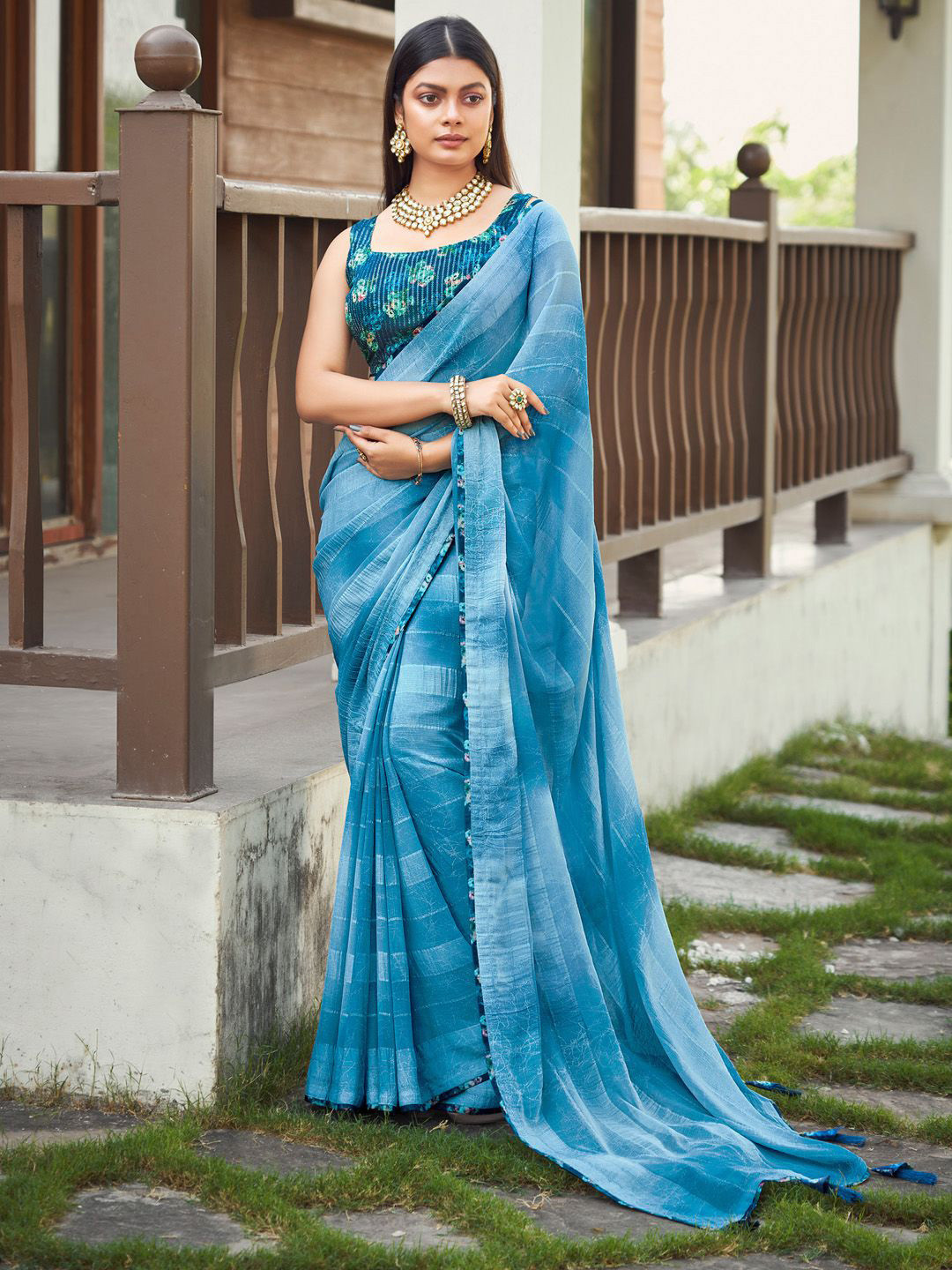 

Anouk Striped Pure Georgette Saree, Blue