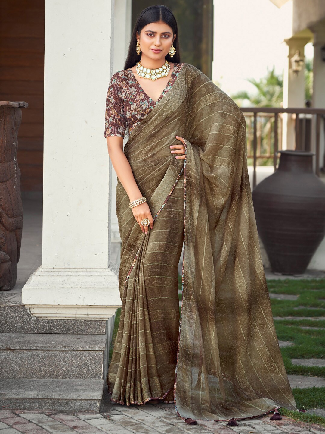 

Anouk Striped Pure Georgette Designer Saree, Brown