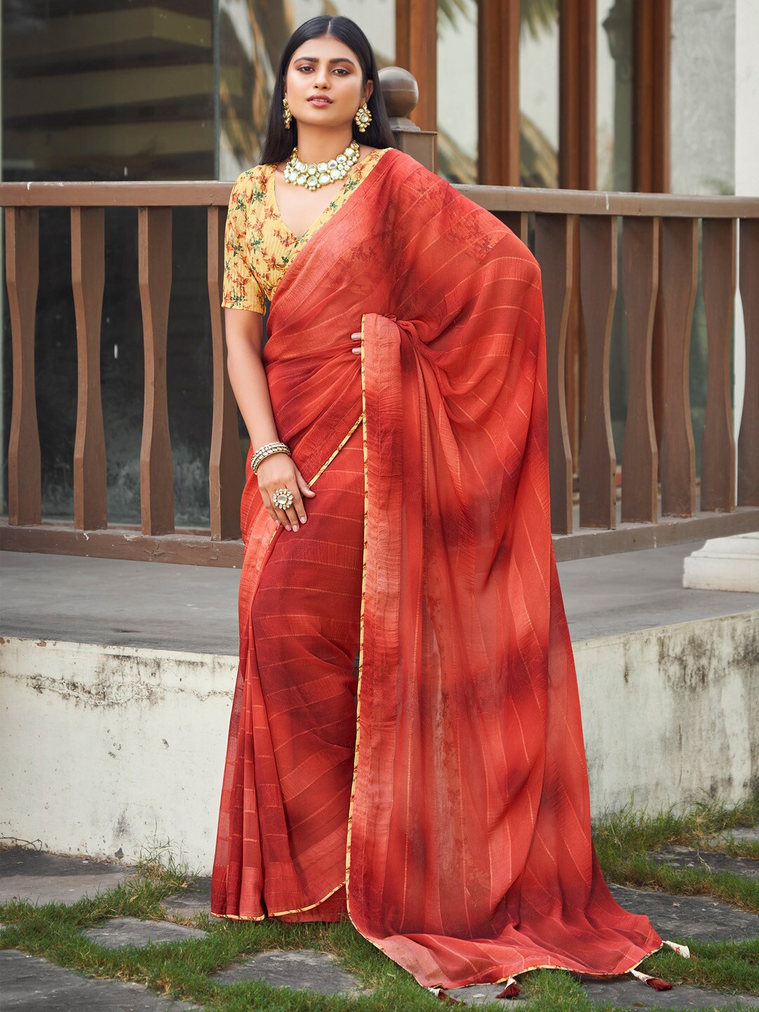 

Anouk Striped Pure Georgette Saree, Rust