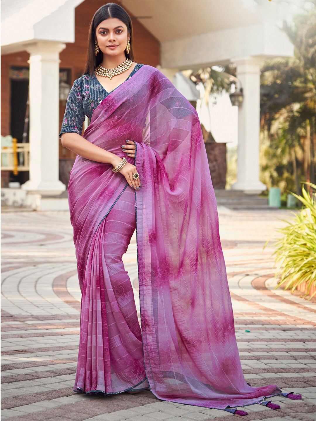 

Anouk Striped Pure Georgette Saree, Mauve