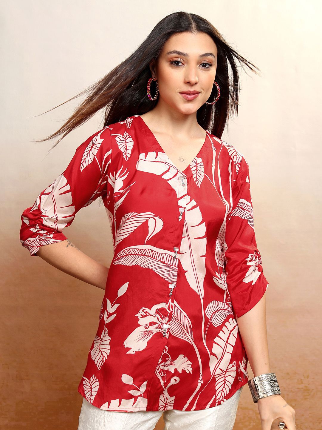 

Vishudh Tropical Printed Button Down Top, Red