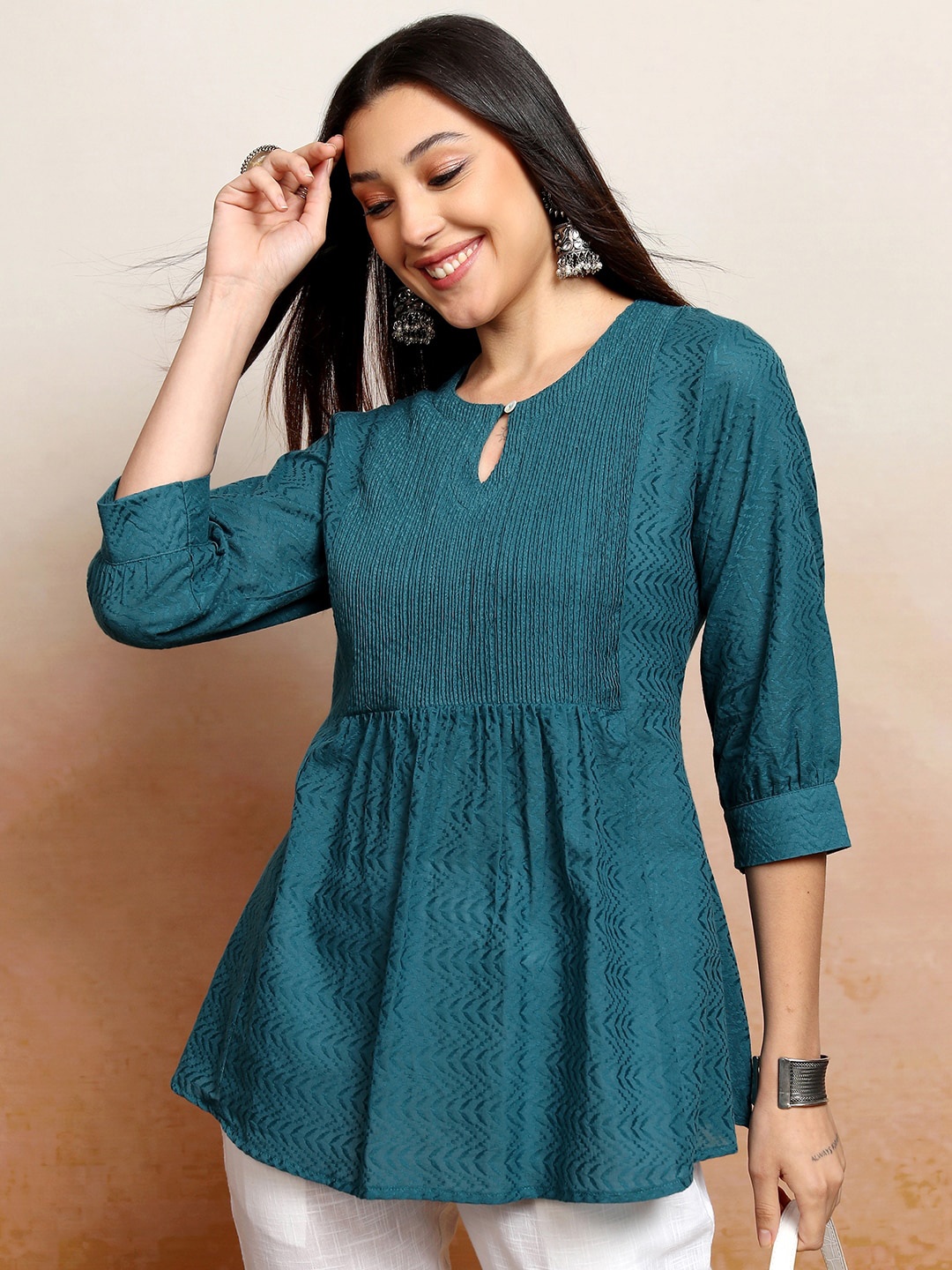 

Vishudh Green Self Design Keyhole Neck Cuffed Sleeves Pin Tucks Cotton A-Line Longline Top