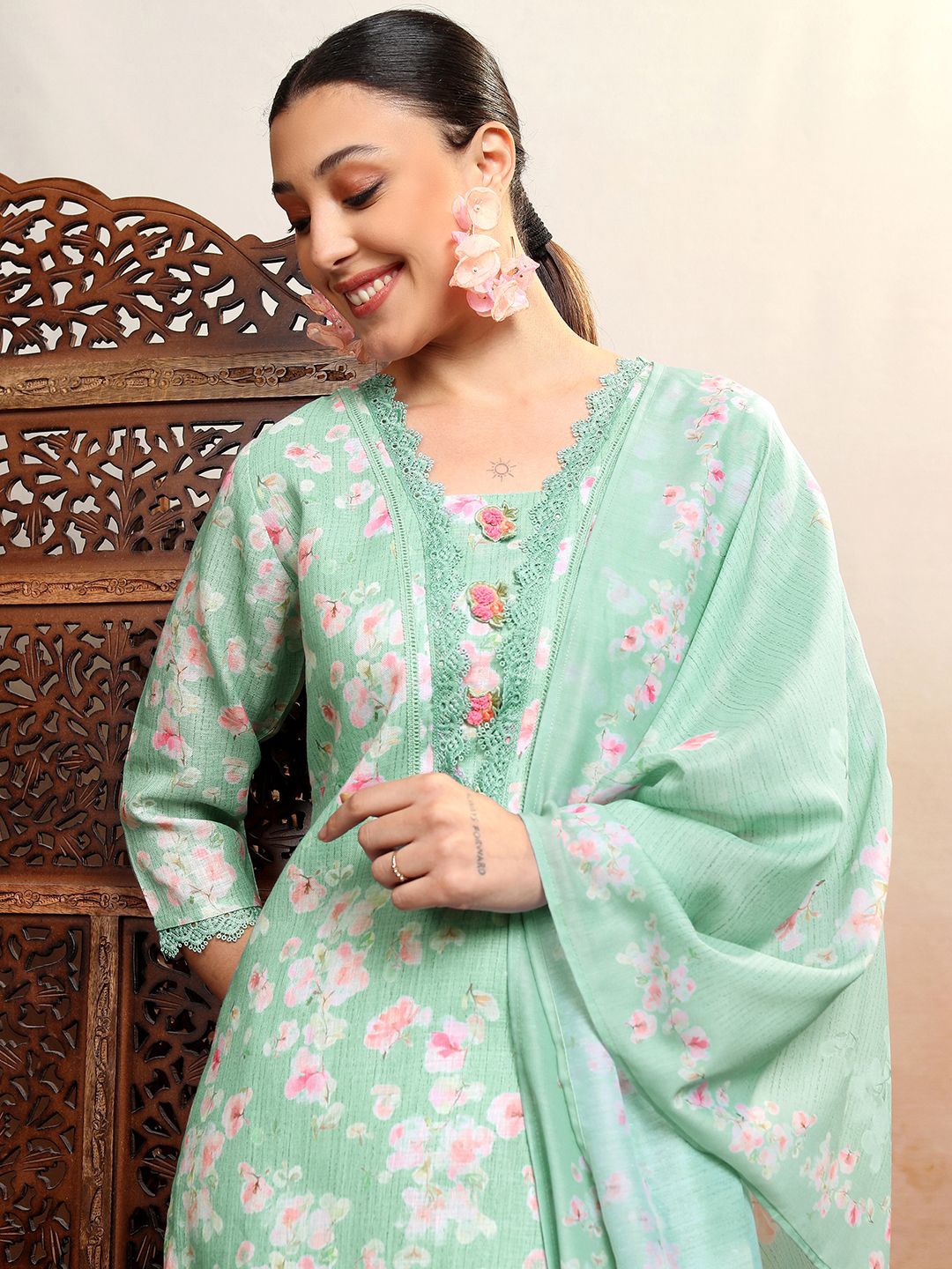 

Vishudh Green Printed Gotta Patti Pure Cotton Straight Kurta With Trousers & Dupatta