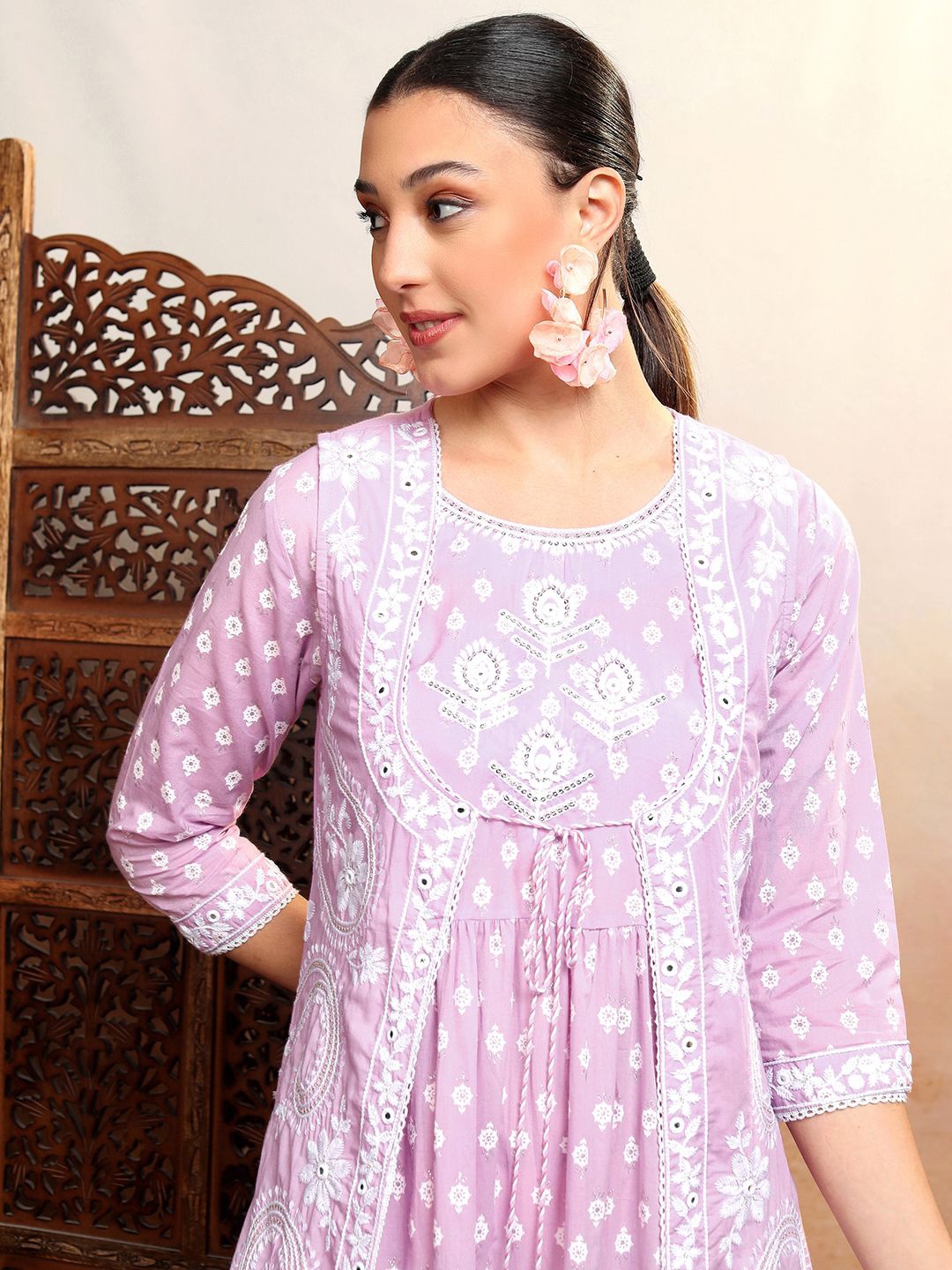 

Vishudh Ethnic Motif Embroidered Fit & Flare Cotton Maxi Dress, Lavender