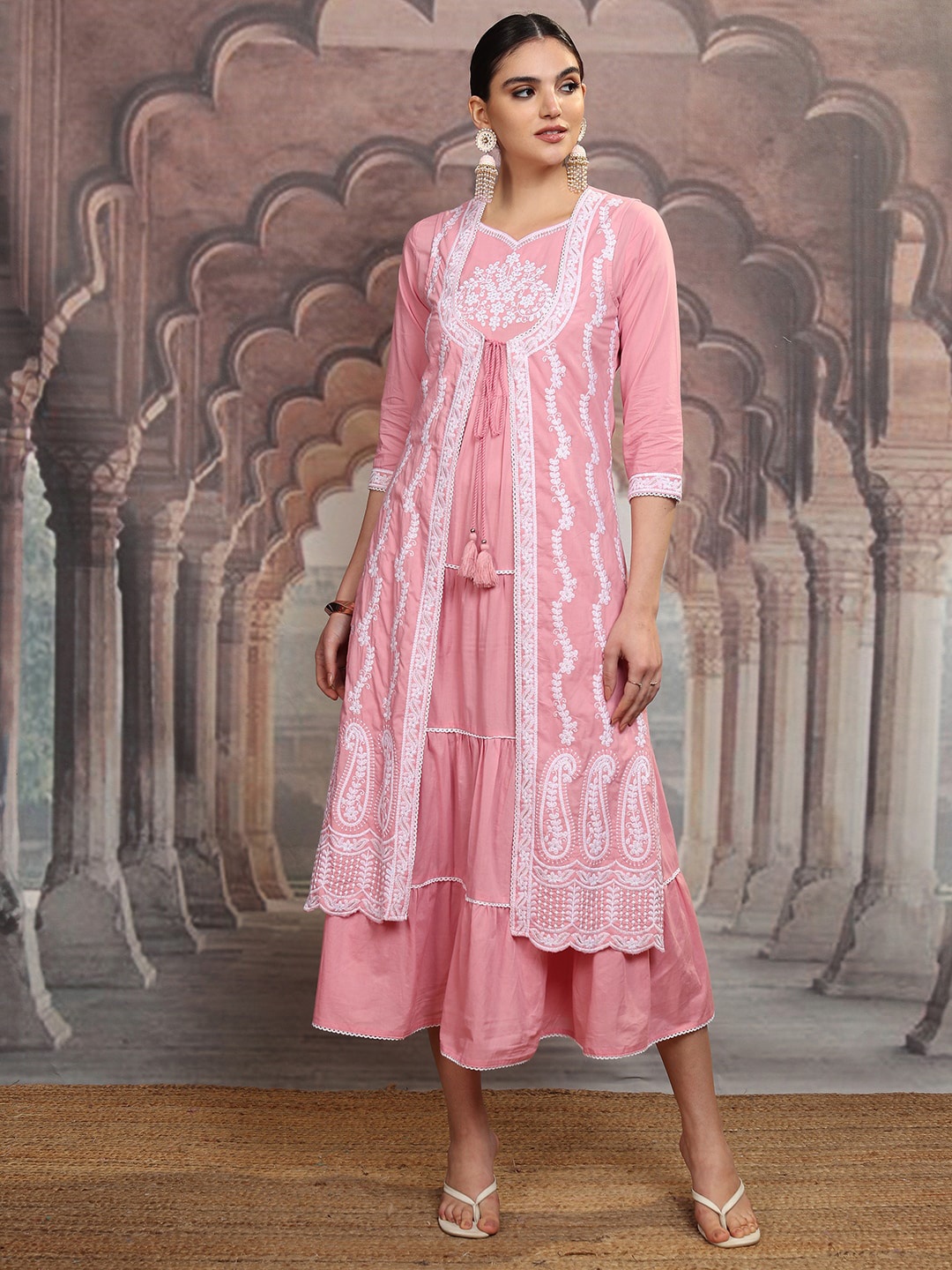 

Vishudh Pink Floral Embroidered Tiered Cotton Fit and Flare Midi Dress With Shrug