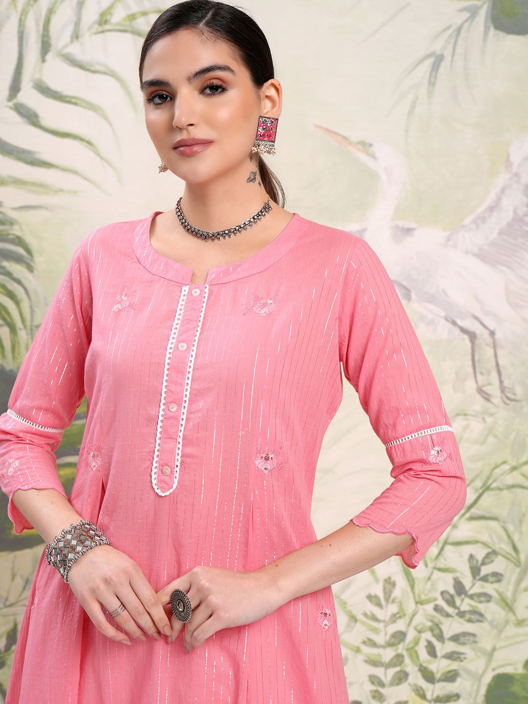 

Vishudh Pink Floral Embroidered Thread Work Pure Cotton A-Line Kurta With Trousers