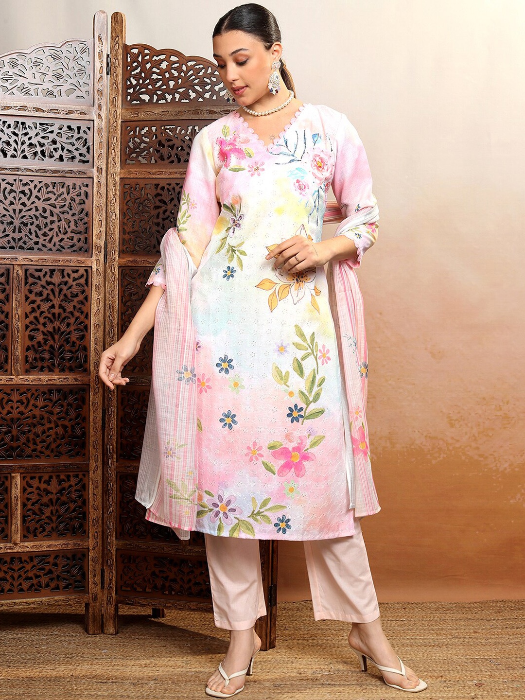 

Vishudh Pink Floral Printed Gotta Patti Pure Cotton Kurta With Trousers & Dupatta