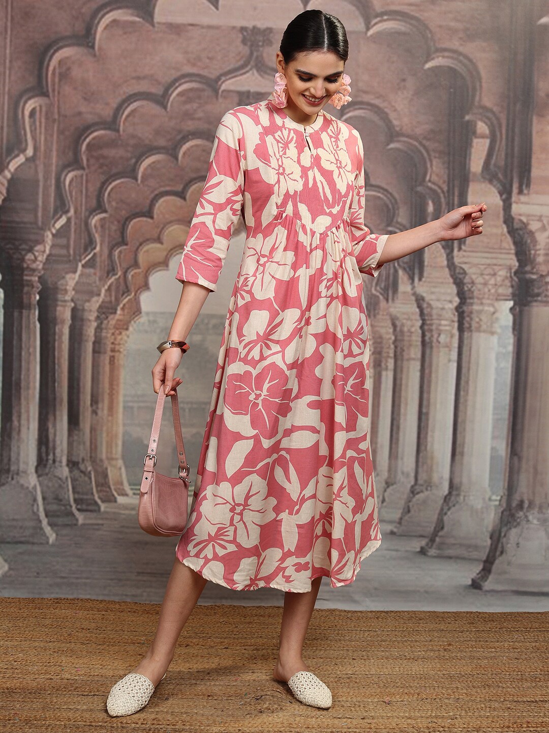 

Vishudh Pink & Beige Floral Printed Mandarin Collar Cotton Pleated A-Line Midi Dress