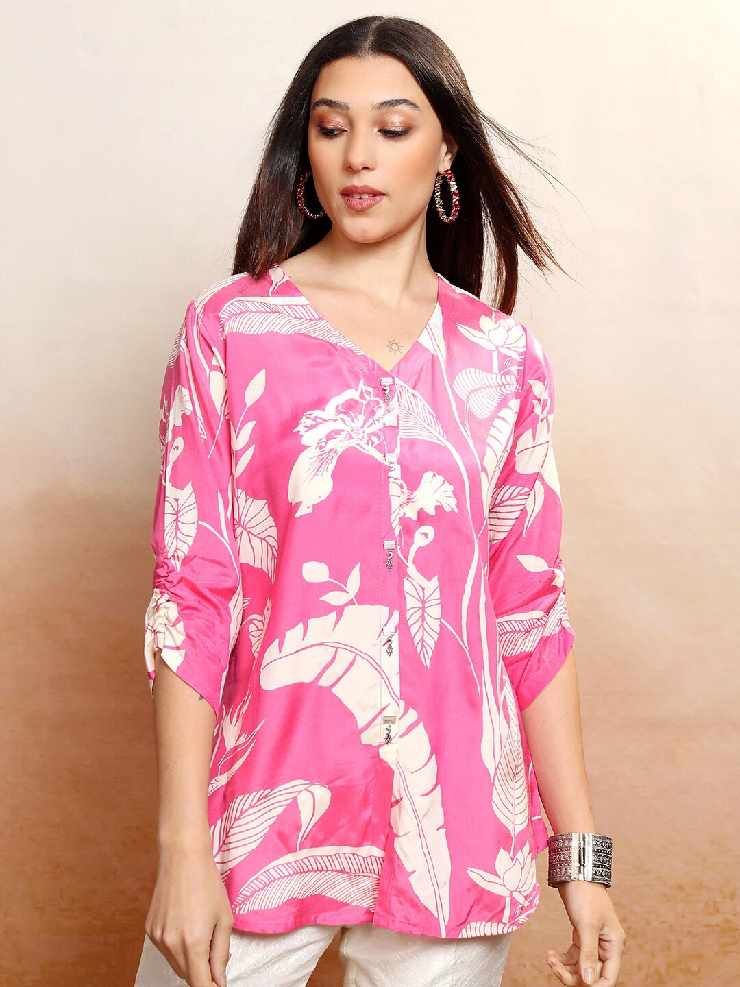 

Vishudh Pink Floral Printed V-Neck Shirt Style Top