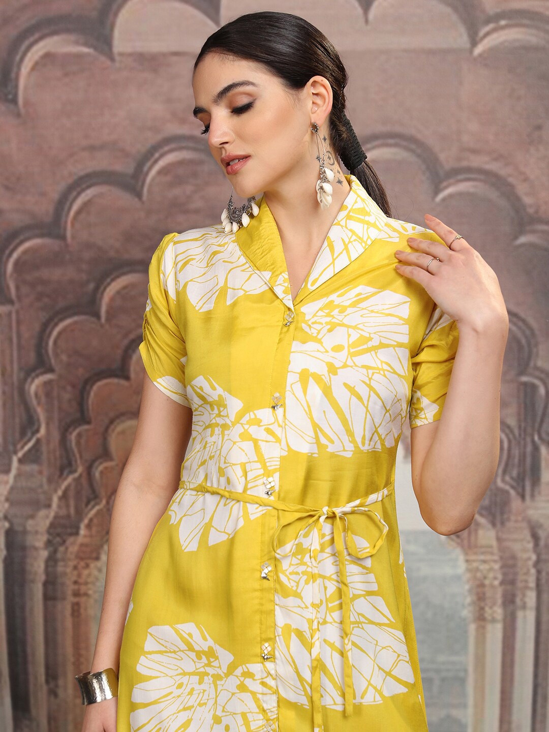 

Vishudh Floral Printed Yellow Shirt Midi Dress For Women
