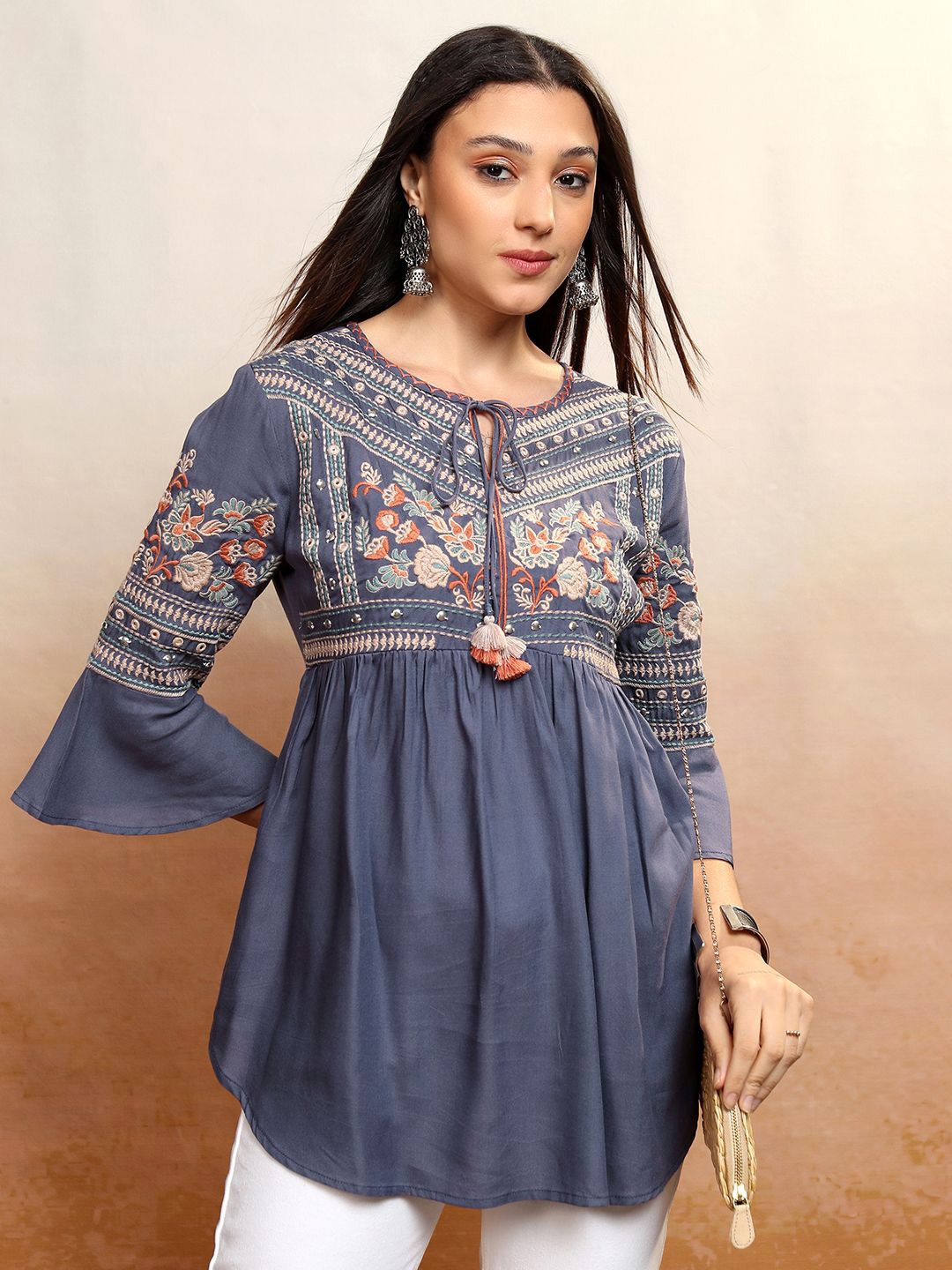 

Vishudh Floral Embroidered Tie-Up Neck Top, Blue