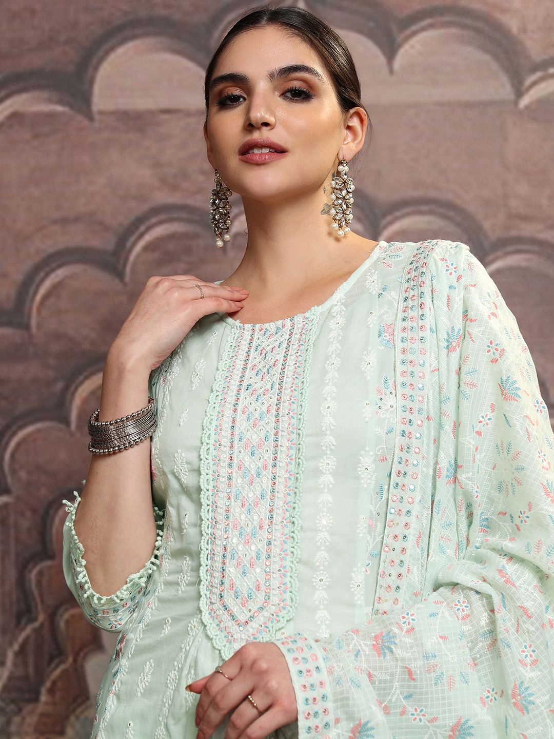 

Vishudh Green Embroidered Sequined Pure Cotton Anarkali Kurta With Trousers & Dupatta