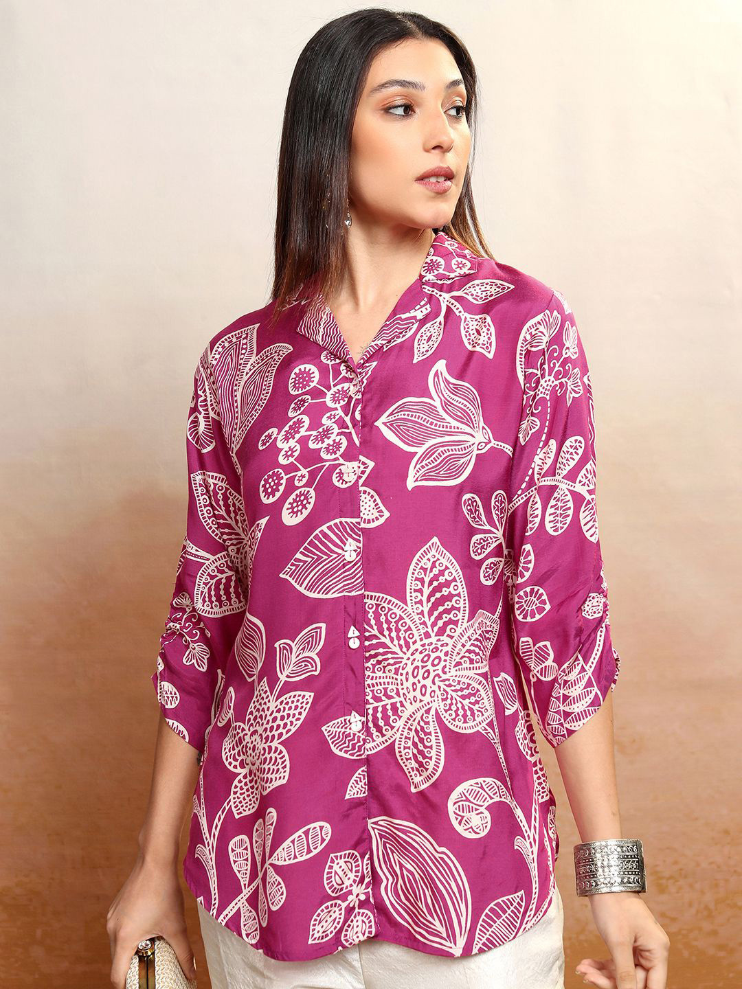 

Vishudh Floral Print Shirt Style Top, Pink