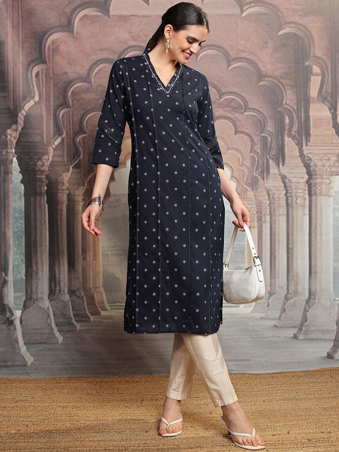 

Vishudh Ethnic Motifs Embroidered Bead & Stones Cotton Straight Kurta, Navy blue
