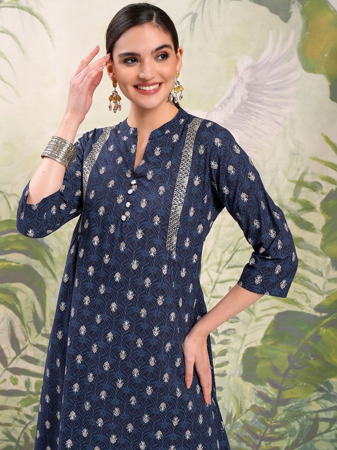 Vishudh Ethnic Motifs Printed Cotton A-Line Kurta, Navy blue