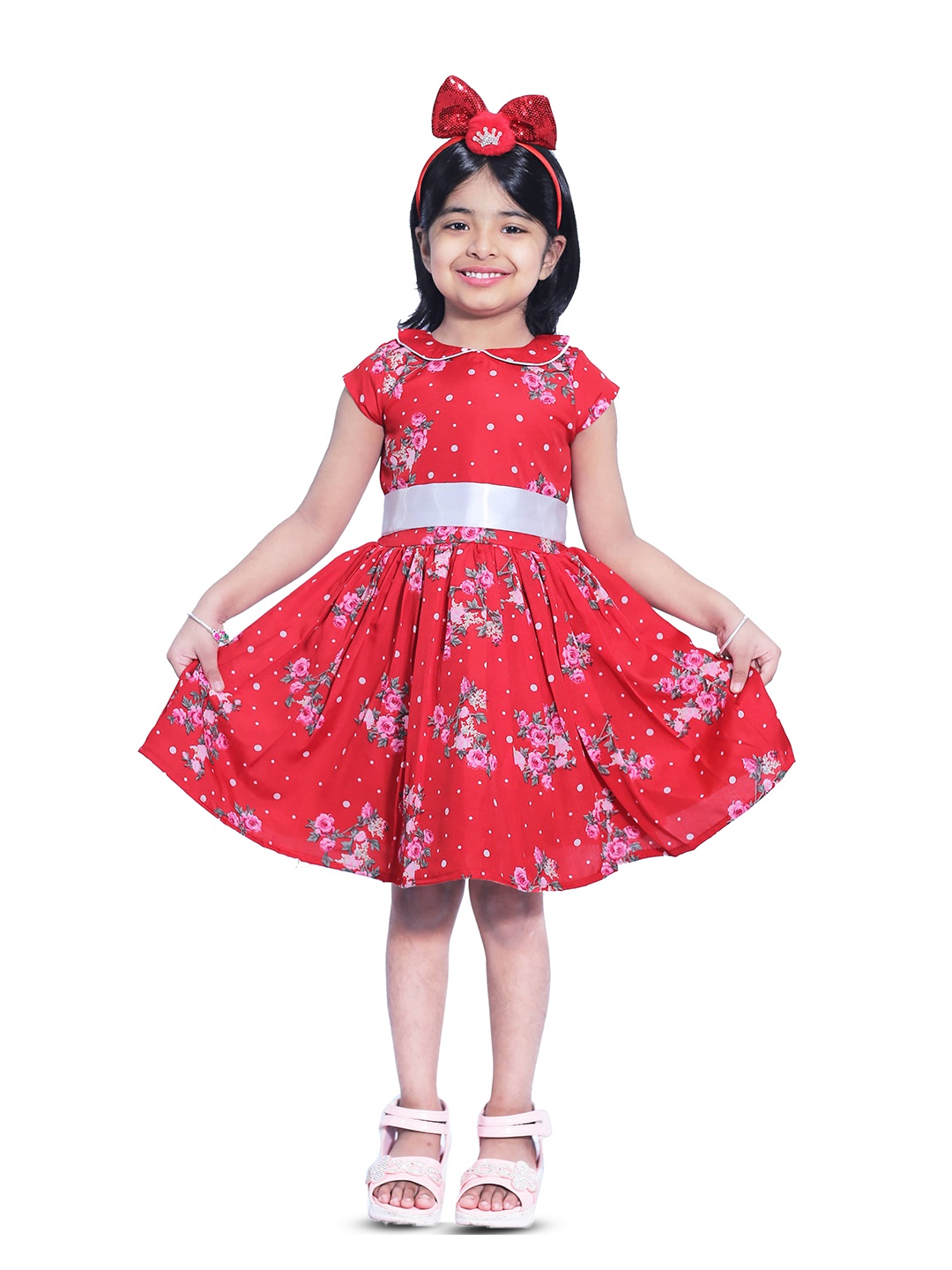 

BAESD Girls Floral Printed Round Neck Flared Cap Sleeves Fit & Flare Dress, Red